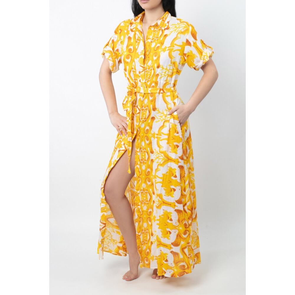 Antica Sartoria By Giacomo Cinque Yellow Graphic 100% Cotton Maxi Dress Small